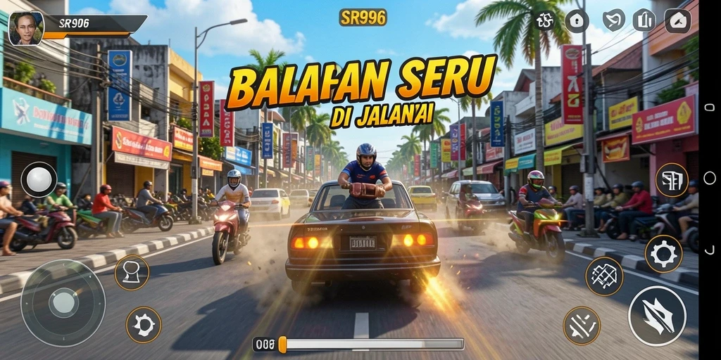 Screenshot menampilkan balapan seru dalam SR996 dengan kendaraan yang melaju kencang.