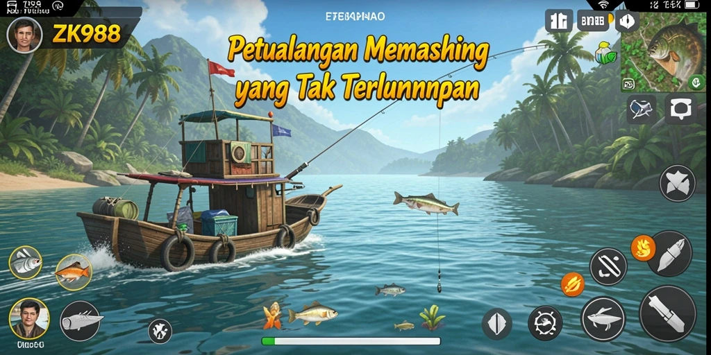 Tampilan gameplay ZK988 menampilkan aksi memancing yang seru dan menawan.